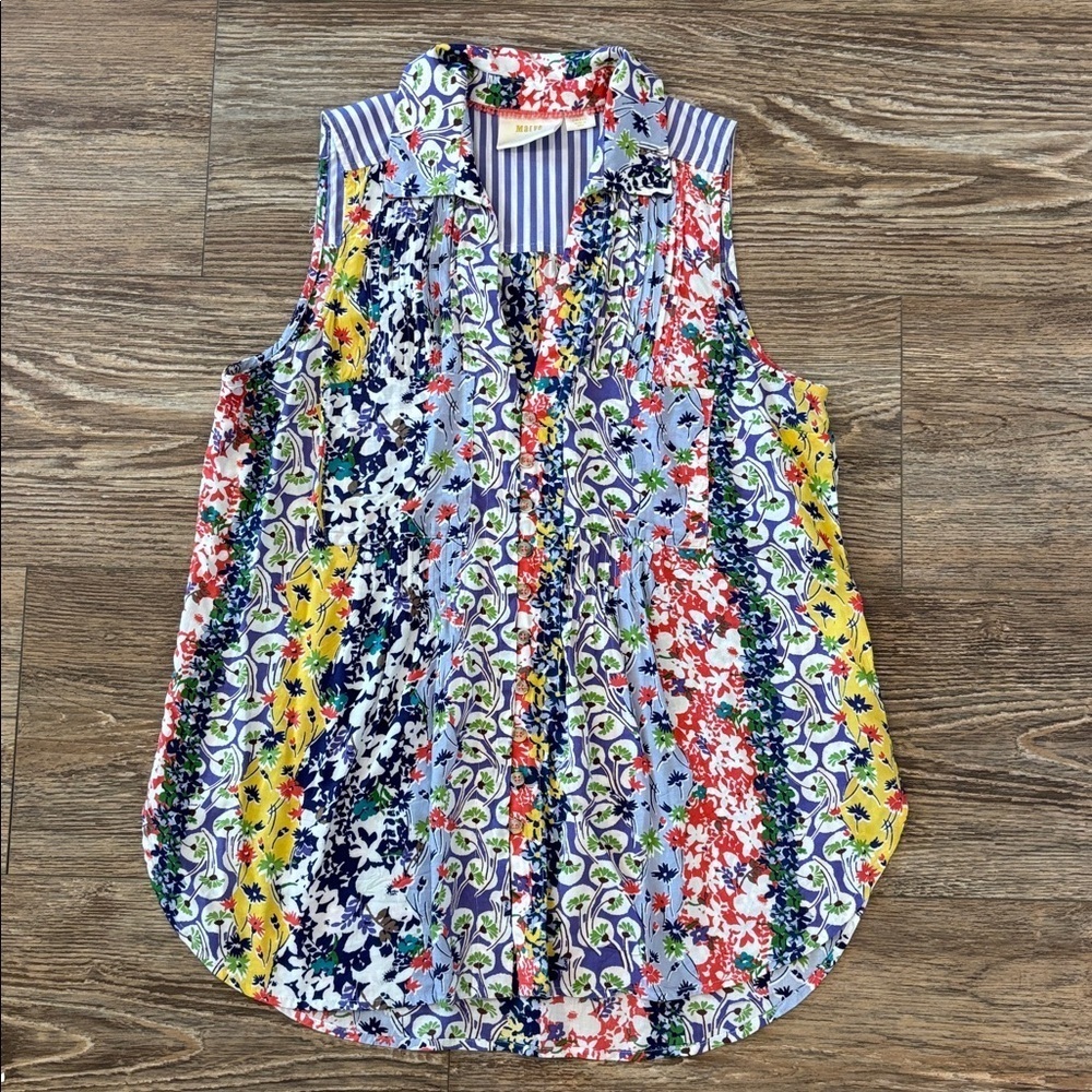 Maeve Anthropologie Whimsical Pintuck Floral Multi Color Sleeveless Blouse Small